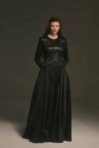 Sequin-Embellished Long-Sleeve Evening Gown - Black