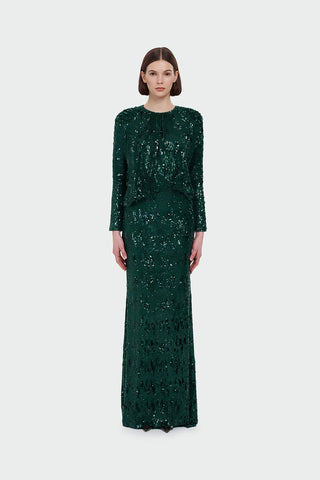 Sequin Long-Sleeve Formal Set with Draped Detail - Emerald Green