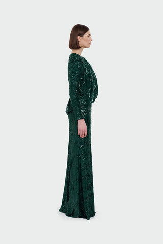 Sequin Long-Sleeve Formal Set with Draped Detail - Emerald Green