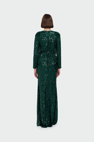Sequin Long-Sleeve Formal Set with Draped Detail - Emerald Green