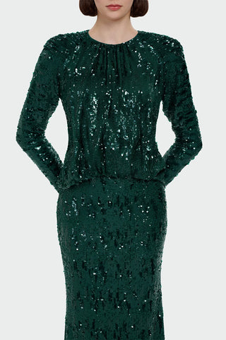 Sequin Long-Sleeve Formal Set with Draped Detail - Emerald Green