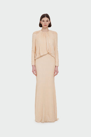 Sequin Long-Sleeve Formal Set with Draped Detail - Cream