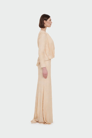 Sequin Long-Sleeve Formal Set with Draped Detail - Cream