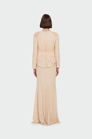 Sequin Long-Sleeve Formal Set with Draped Detail - Cream