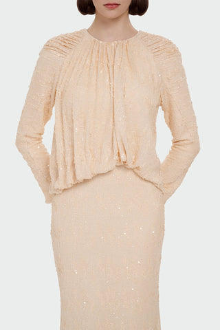 Sequin Long-Sleeve Formal Set with Draped Detail - Cream