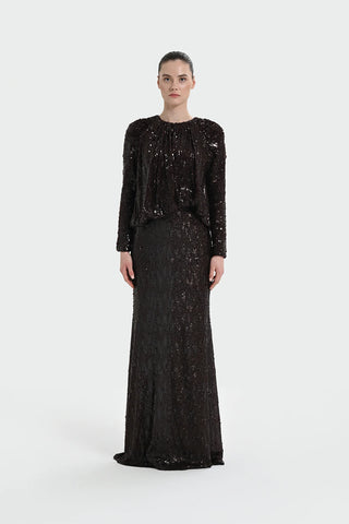 Sequin Long-Sleeve Formal Set with Draped Detail - Brown