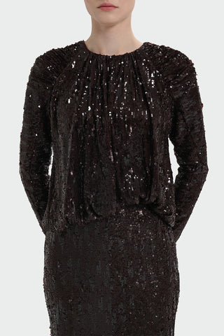 Sequin Long-Sleeve Formal Set with Draped Detail - Brown