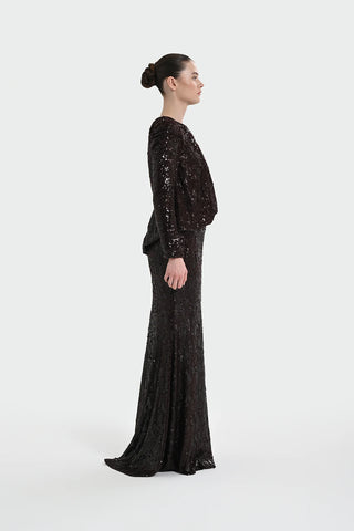Sequin Long-Sleeve Formal Set with Draped Detail - Brown