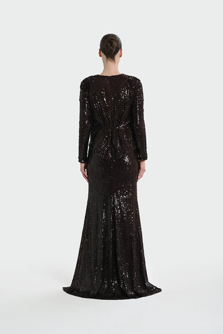 Sequin Long-Sleeve Formal Set with Draped Detail - Brown