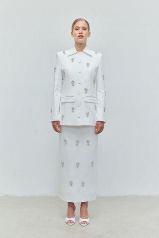 Pearl Majesty Embellished Skirt Set – White