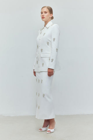 Pearl Majesty Embellished Skirt Set – White