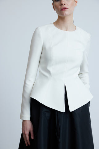 White Crepe Blouse with Front Slit and Peplum Detail
