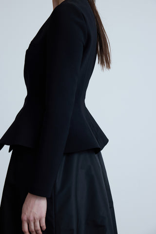 Black Crepe Blouse with Front Slit and Peplum Detail