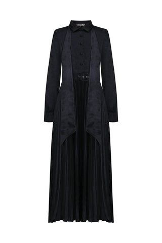 Satin Pleated Belted Dress – Black