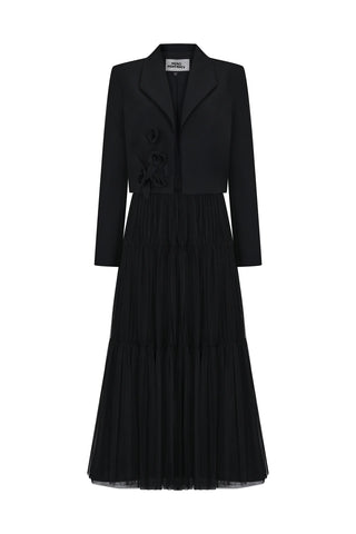 Pleated Tulle Skirt with Gathered Detail – Black