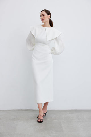 Elegant Pleated Sleeve Crepe Evening Dress – White