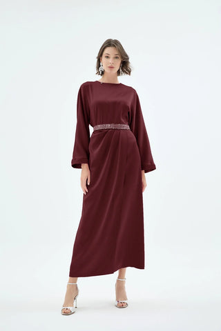 Reyna Draped Belted Dress – Bordeaux
