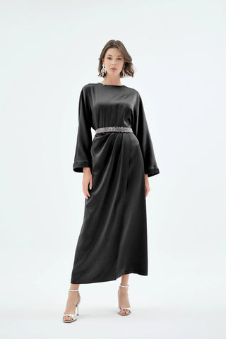 Reyna Draped Belted Dress – Black