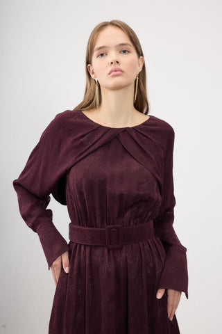 Rhea Jacquard Belted Maxi Dress – Bordeaux