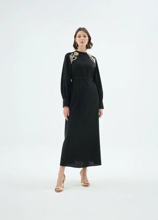 Rose Embellished Shoulder Dress – Black