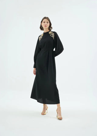 Rose Embellished Shoulder Dress – Black