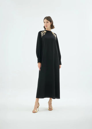 Rose Embellished Shoulder Dress – Black