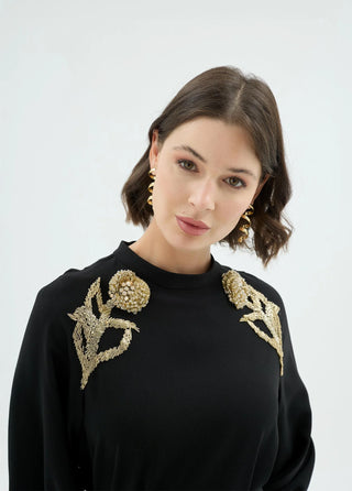 Rose Embellished Shoulder Dress – Black