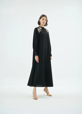 Rose Embellished Shoulder Dress – Black