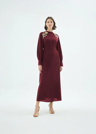 Rose Embellished Shoulder Dress – Bordeaux