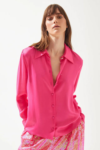 Satin Shirt with Crystal Collar Button – Fuchsia