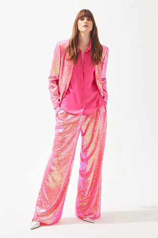 Satin Shirt with Crystal Collar Button – Fuchsia