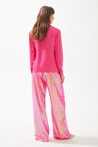 Satin Shirt with Crystal Collar Button – Fuchsia