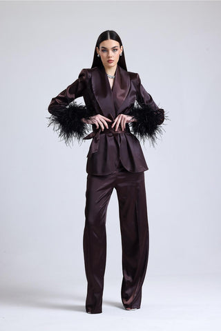 Satin Ember Feather-Sleeve Set — Brown