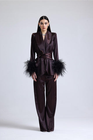 Satin Ember Feather-Sleeve Set — Brown