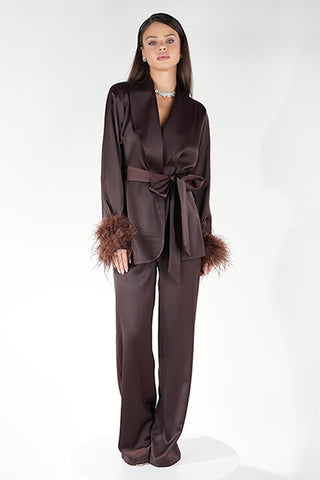 Satin Ember Feather-Sleeve Set — Brown