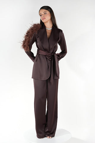 Satin Ember Feather-Shoulder Set — Brown