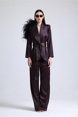 Satin Ember Feather-Shoulder Set — Brown