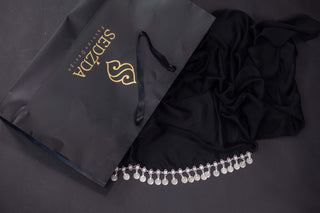 Ethno Coin-Embellished Chiffon Shawl – Black