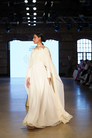 Hidden Strength Balcanian Embellished Cape Gown – White