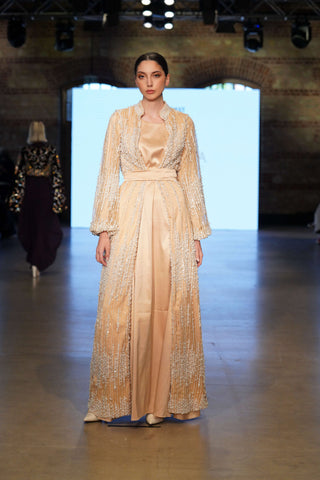 Golden Mirage Balcanian Pearl-Embellished Satin Gown – Gold Beige