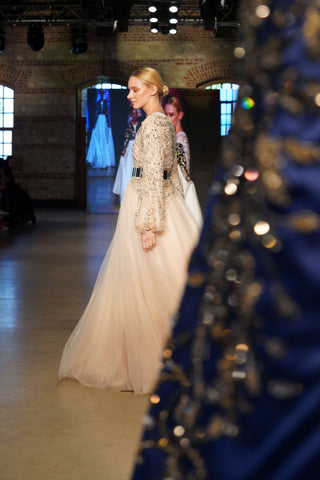 Diamond Whisper Balcanian Pearl-Embroidered Tulle Gown – Champagne