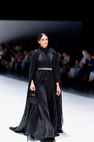 Moonlit Gem Embellished Silk Gown – Black
