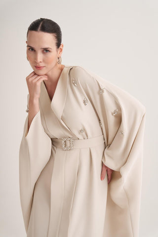 Selena Embellished Belted Evening Kaftan – Beige
