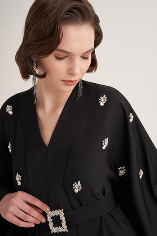 Selena Embellished Belted Evening Kaftan – Black
