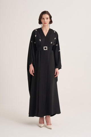 Selena Embellished Belted Evening Kaftan – Black