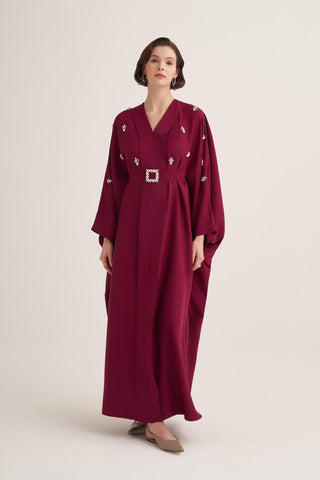 Selena Embellished Belted Evening Kaftan – Cherry