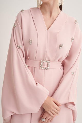 Selena Embellished Belted Evening Kaftan – Powder