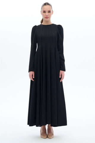 Satin-Trim Jacquard Panel Dress – Black