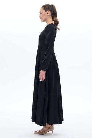 Satin-Trim Jacquard Panel Dress – Black