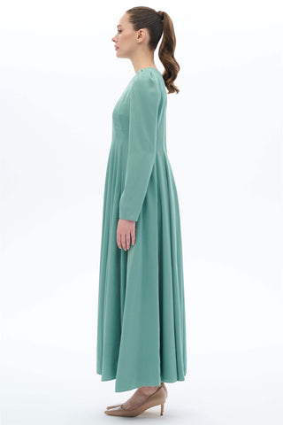 Satin-Trim Jacquard Panel Dress – Green